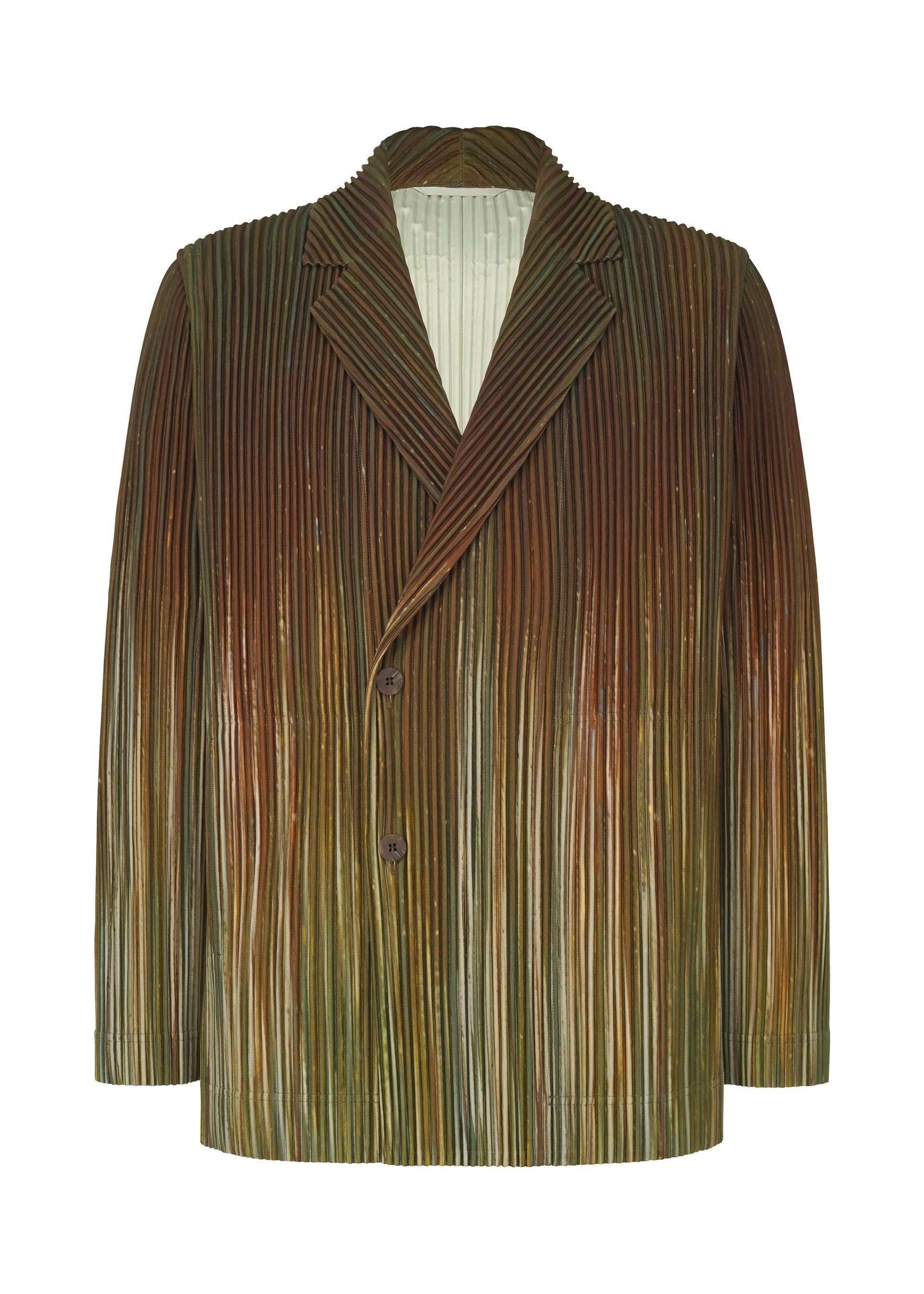 Zoomed view The HOMME PLISSÉ ISSEY MIYAKE PAINT BRUSH CLOSE-UP jacket features pleated, textured fabric in an earthy brown and green gradient with a notched lapel collar, two-button closure, and long sleeves. - GREEN (no.62)