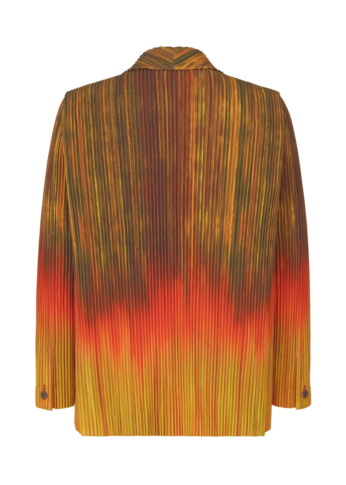 The PAINT BRUSH CLOSE-UP jacket by HOMME PLISSÉ ISSEY MIYAKE features back pleats and a gradient design, shifting from yellow at the hem through orange, red, and brown to green hues toward the top. view 4 of 8
