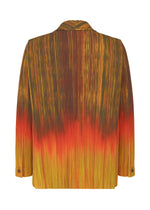 The PAINT BRUSH CLOSE-UP jacket by HOMME PLISSÉ ISSEY MIYAKE features back pleats and a gradient design, shifting from yellow at the hem through orange, red, and brown to green hues toward the top.