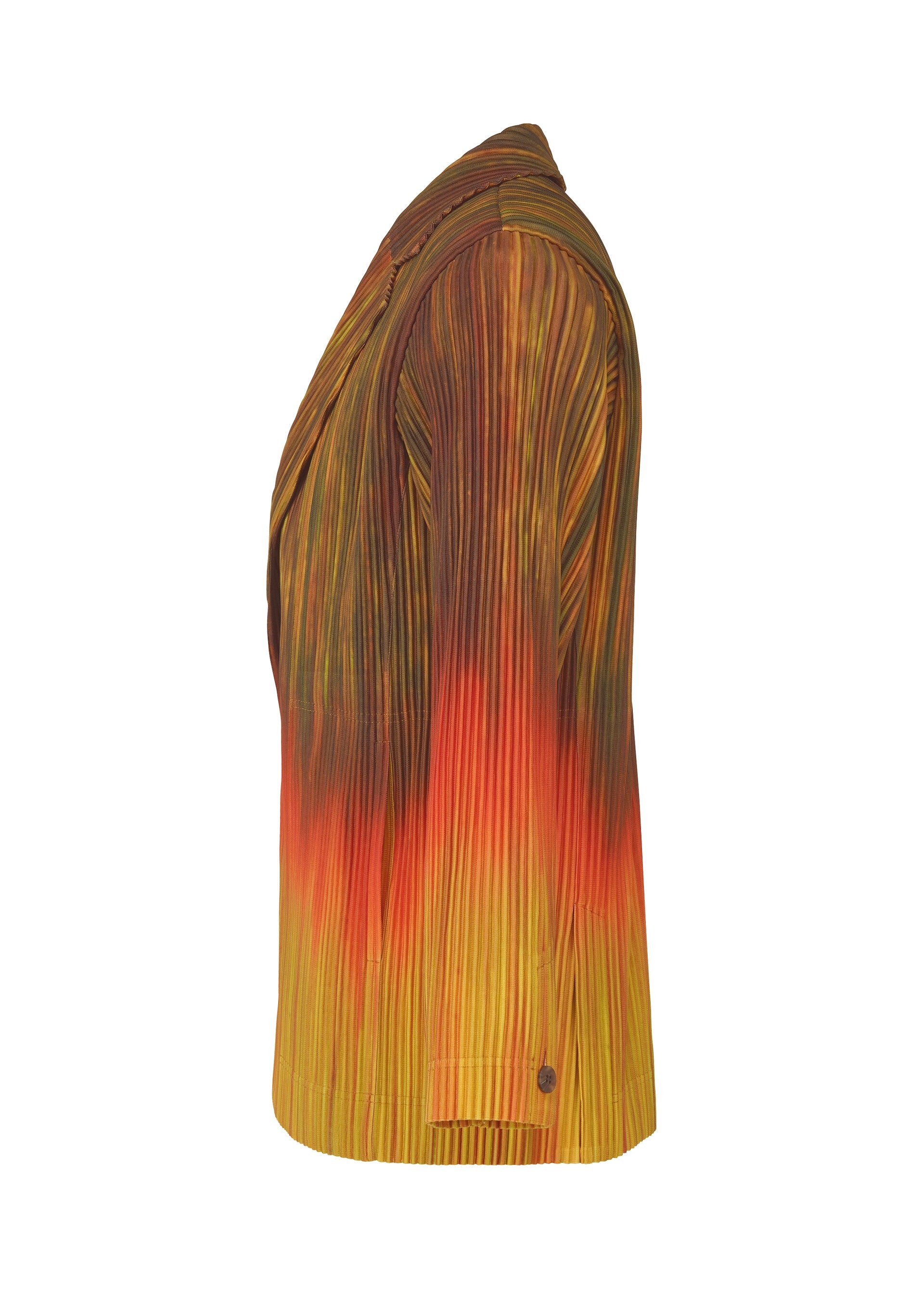 Zoomed view A side view of the PAINT BRUSH CLOSE-UP jacket by HOMME PLISSÉ ISSEY MIYAKE, showcasing pleated details and a gradient pattern from yellow to orange and brown, set against a white background.