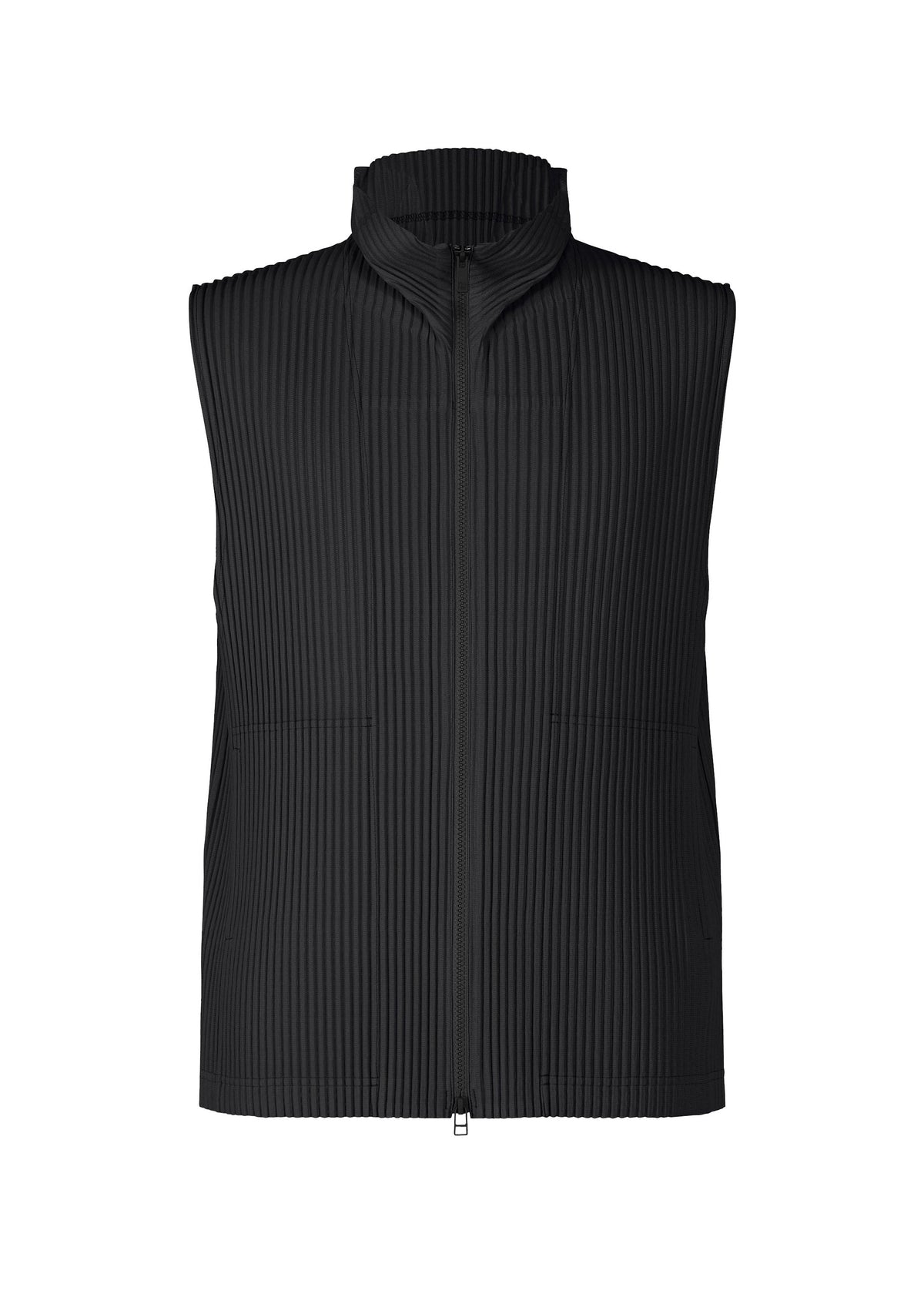 The HOMME PLISSÉ ISSEY MIYAKE MONTHLY COLORS : APRIL vest is a black zip-up piece with a vertical pleated texture, high collar, and two front pockets for lightweight, quick-drying comfort on the go. view 1 of 7