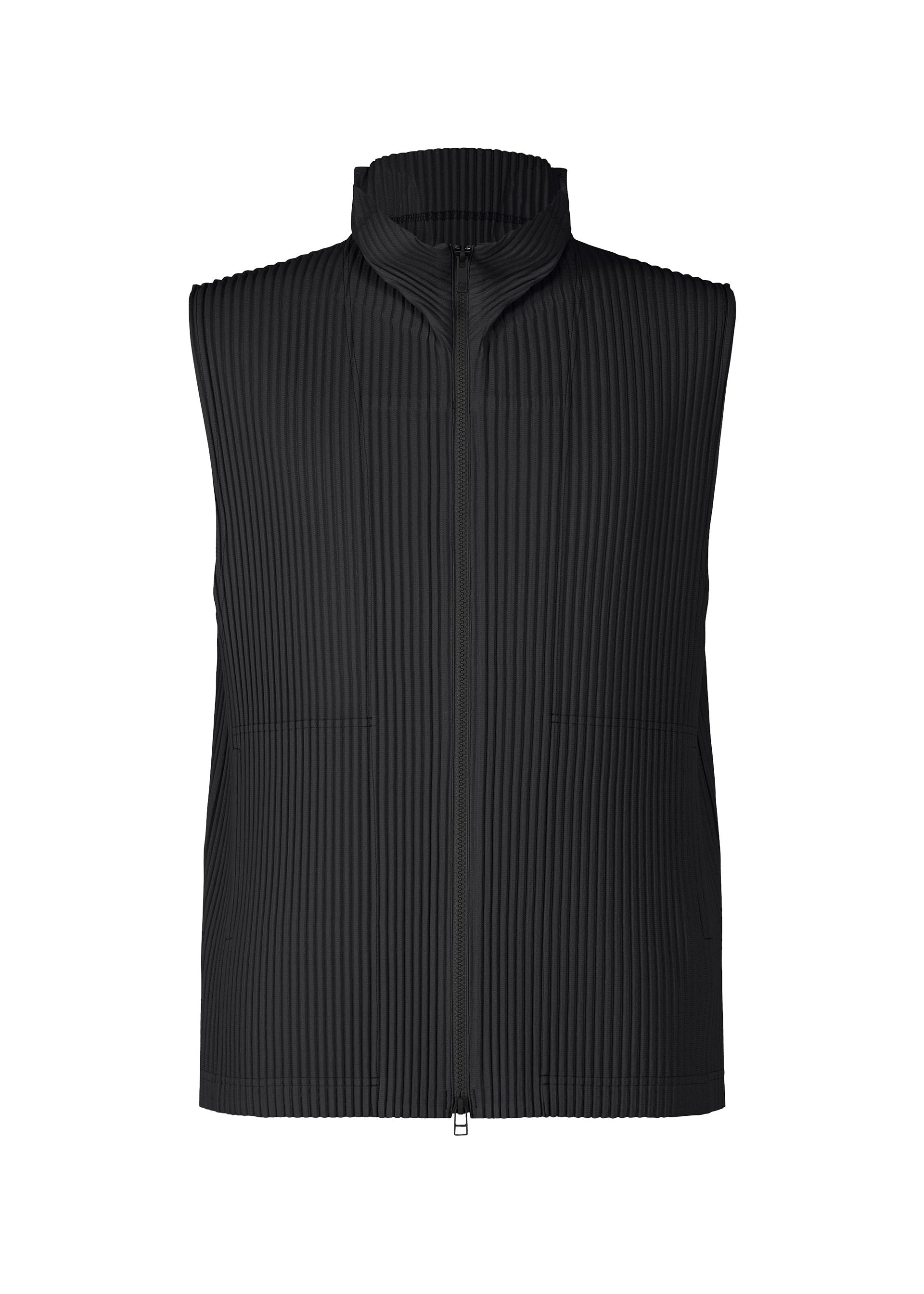 Zoomed view The HOMME PLISSÉ ISSEY MIYAKE MONTHLY COLORS : APRIL vest is a black zip-up piece with a vertical pleated texture, high collar, and two front pockets for lightweight, quick-drying comfort on the go. - BLACK （no.15）
