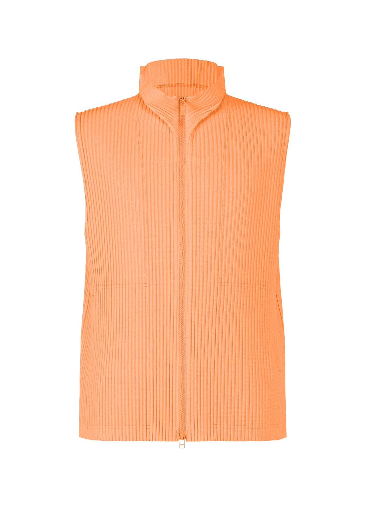 The MONTHLY COLORS : APRIL vest by HOMME PLISSÉ ISSEY MIYAKE is a sleeveless, light orange zip-up with a high collar and vertical pleats. It offers lightweight comfort with a front zipper and two pockets, shown against a white background. view 2 of 7