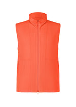 The MONTHLY COLORS : APRIL vest by HOMME PLISSÉ ISSEY MIYAKE is a sleeveless, bright orange zip-up with a high collar and vertical pleats. Lightweight with two front pockets and a straight hem, it's ideal for effortless layering. - PF BUOY ORANGE （no.33）