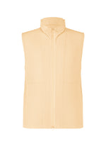 The MONTHLY COLORS : APRIL vest by HOMME PLISSÉ ISSEY MIYAKE is a beige, sleeveless, pleated zip-up with a high collar and front zipper for lightweight comfort, shown against a white background. - PIZZA DOUGH BEIGE （no.43）
