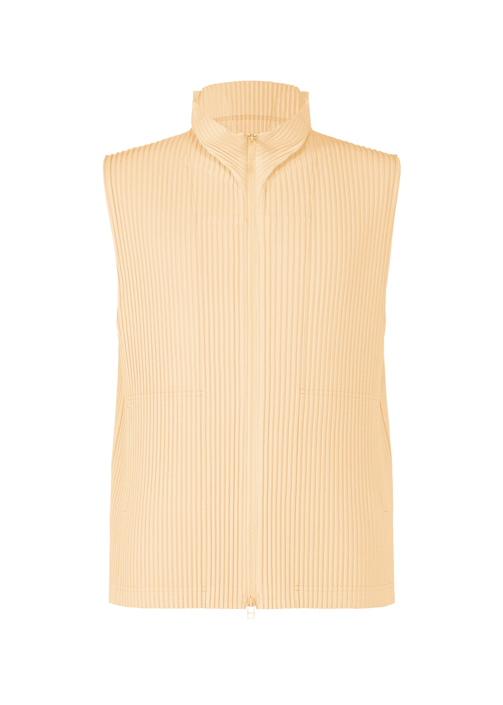 Zoomed view The MONTHLY COLORS : APRIL vest by HOMME PLISSÉ ISSEY MIYAKE is a beige, sleeveless, pleated zip-up with a high collar and front zipper for lightweight comfort, shown against a white background. - PIZZA DOUGH BEIGE （no.43）