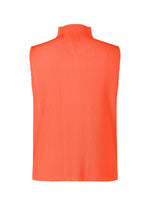 The MONTHLY COLORS : APRIL top by HOMME PLISSÉ ISSEY MIYAKE is a sleeveless, high-neck, orange piece with vertical pleats for lightweight comfort, displayed from the back against a white background.