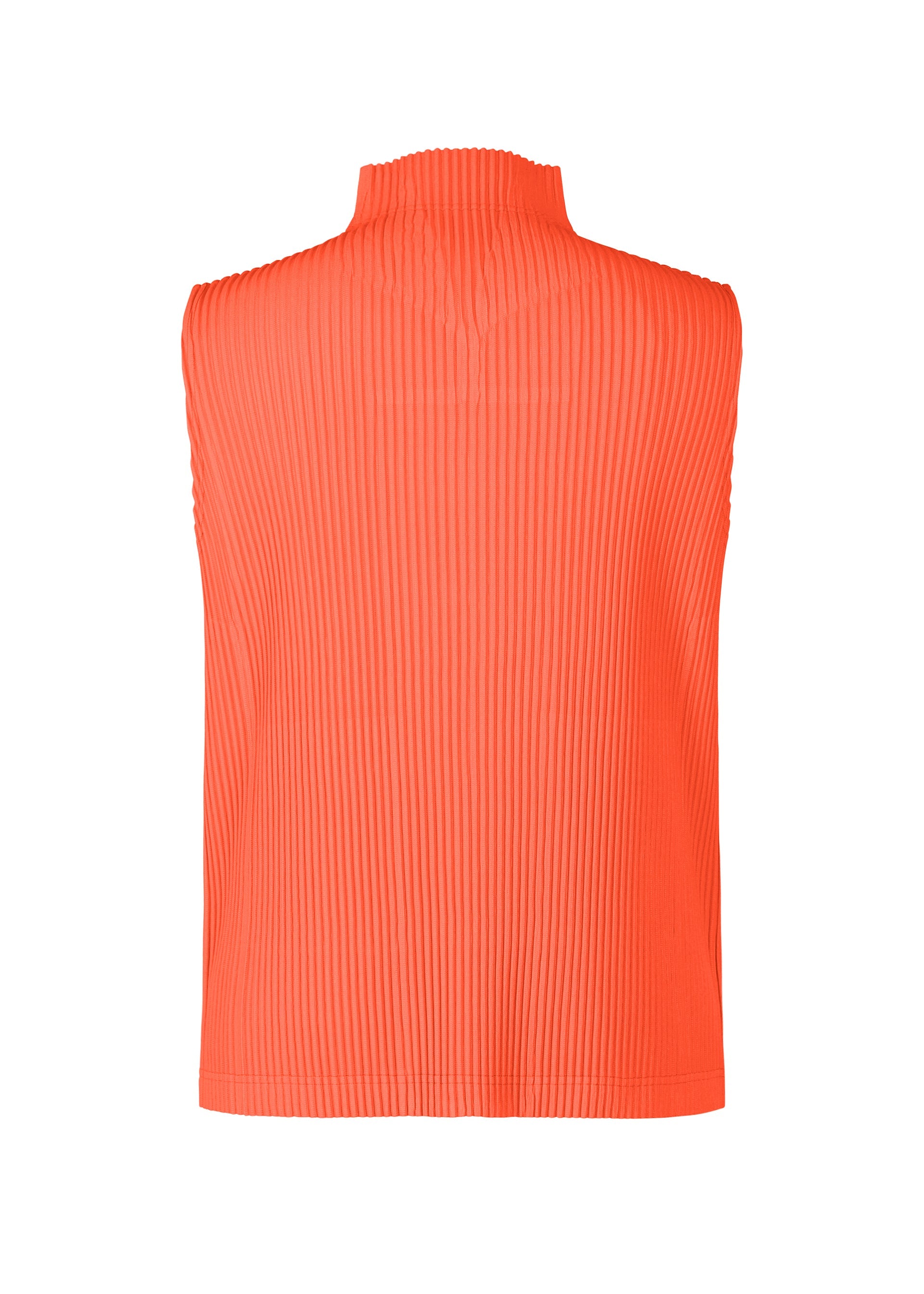 Zoomed view The MONTHLY COLORS : APRIL top by HOMME PLISSÉ ISSEY MIYAKE is a sleeveless, high-neck, orange piece with vertical pleats for lightweight comfort, displayed from the back against a white background.
