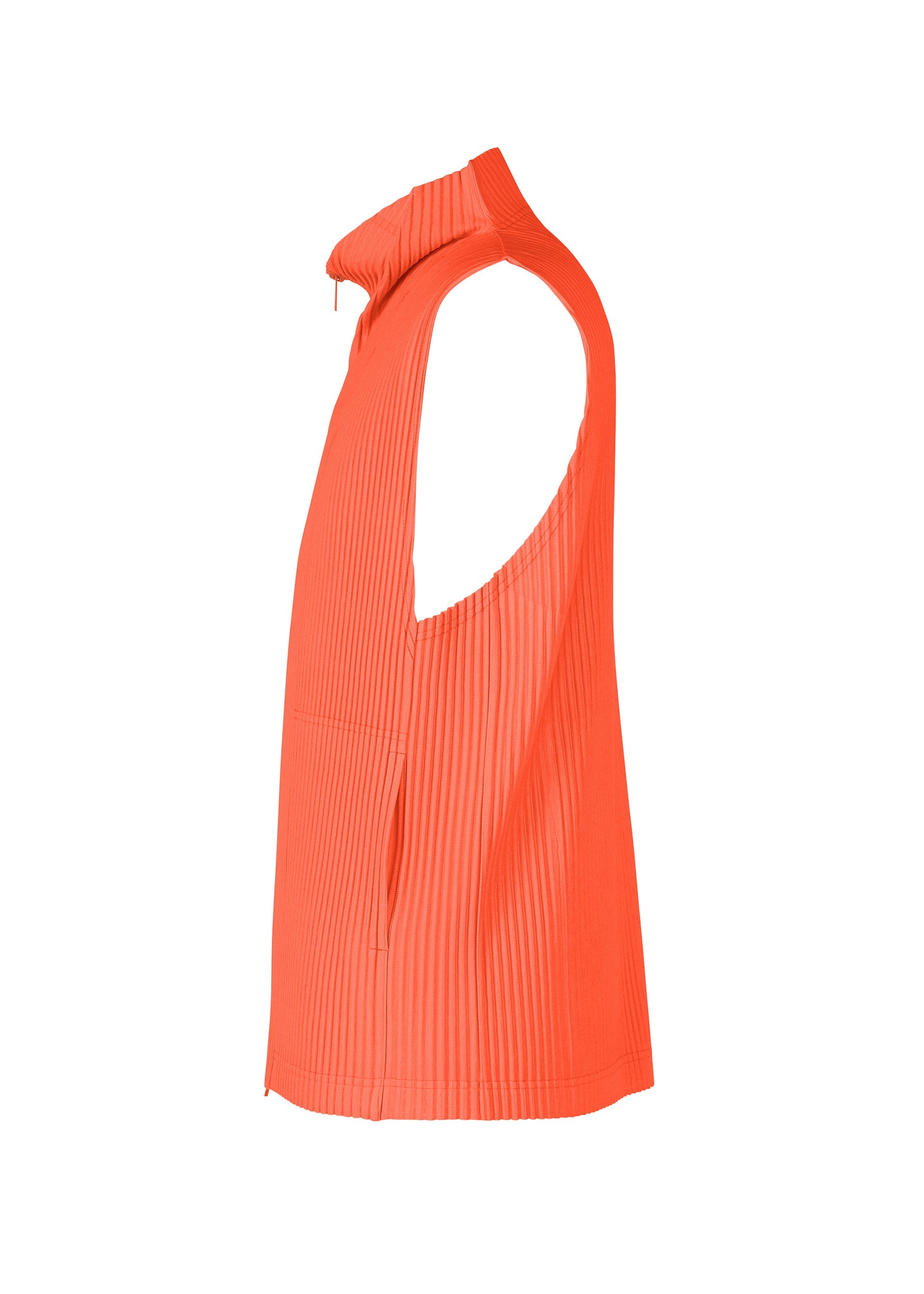 Zoomed view Side view of the HOMME PLISSÉ ISSEY MIYAKE MONTHLY COLORS : APRIL sleeveless, bright orange ribbed zip-up vest with a high collar and loose fit, providing lightweight comfort, shown against a white background.
