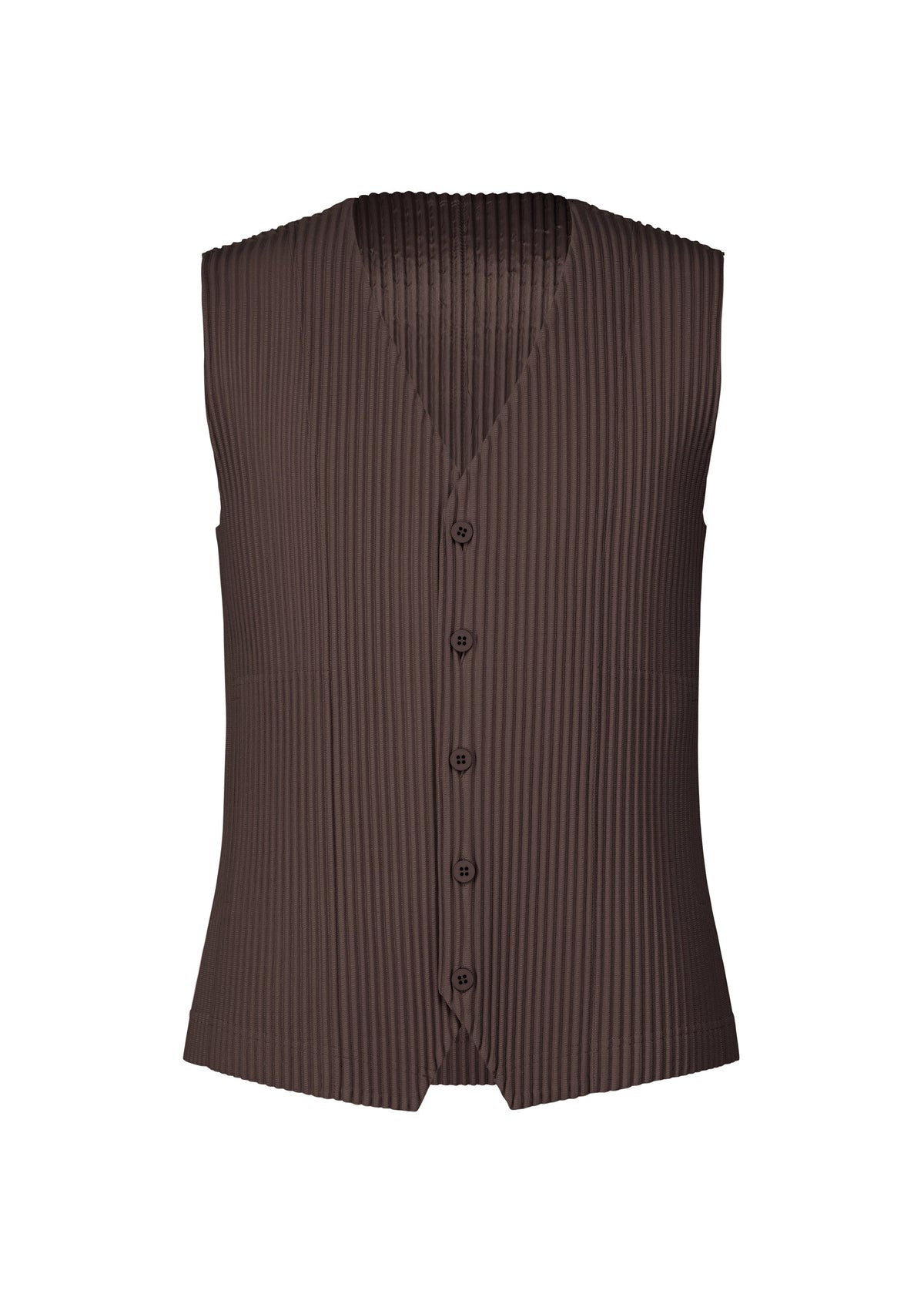 The TAILORED PLEATS 2 vest by HOMME PLISSÉ ISSEY MIYAKE is a sleeveless, dark brown, front-button piece with a V-neck and pleated ribbed texture in quick-drying polyester, shown against a plain white background. view 1 of 7