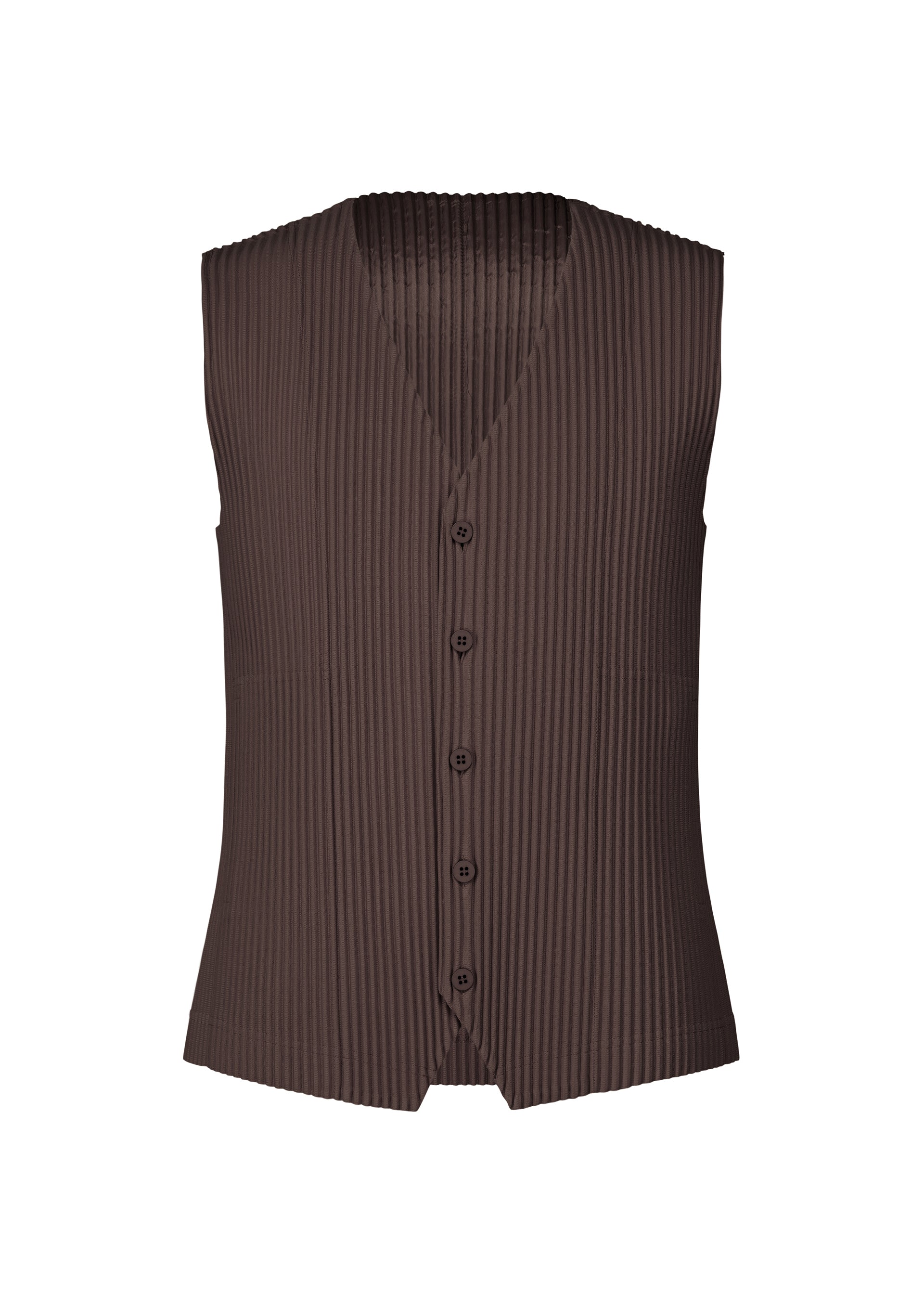 Zoomed view The TAILORED PLEATS 2 vest by HOMME PLISSÉ ISSEY MIYAKE is a sleeveless, dark brown, front-button piece with a V-neck and pleated ribbed texture in quick-drying polyester, shown against a plain white background. - EGG PLANT BLACK （no.18）