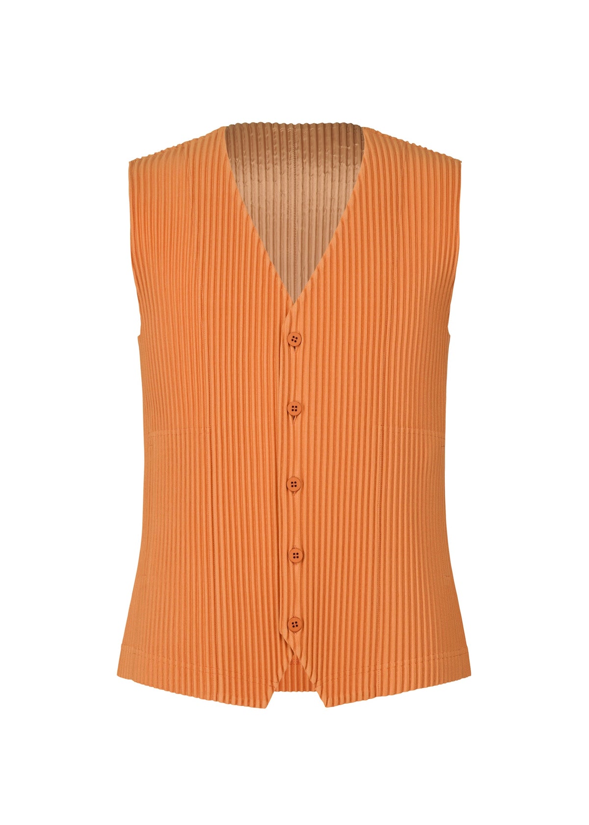 The TAILORED PLEATS 2 by HOMME PLISSÉ ISSEY MIYAKE is a sleeveless, orange V-neck vest with ribbing and a front opening in quick-drying polyester, displayed on a plain white background. view 2 of 7