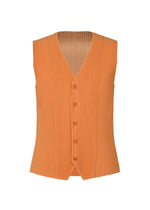 The TAILORED PLEATS 2 by HOMME PLISSÉ ISSEY MIYAKE is a sleeveless, orange V-neck vest with ribbing and a front opening in quick-drying polyester, displayed on a plain white background. - MANAROLA BRICK BROWN （no.47）