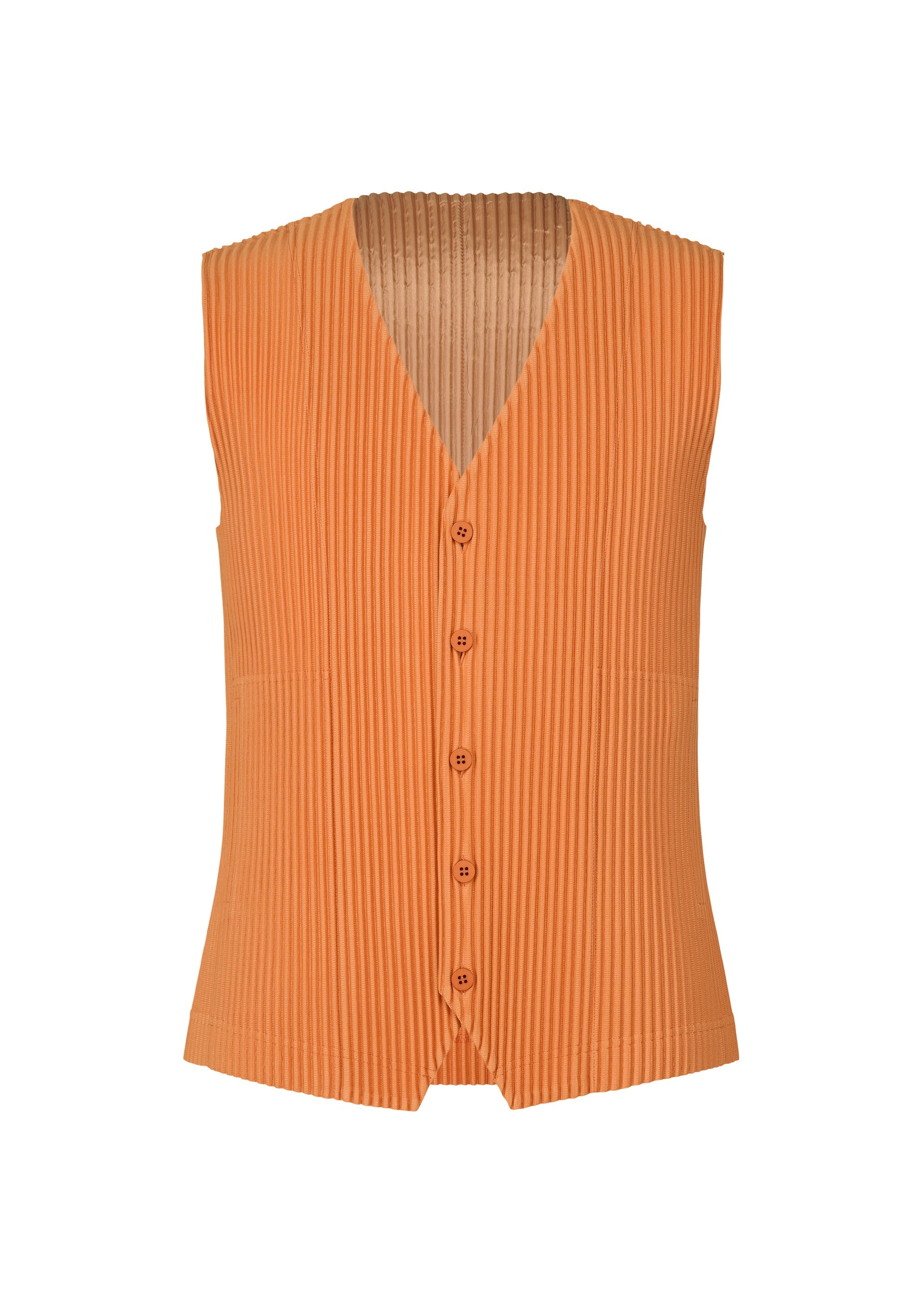 Zoomed view The TAILORED PLEATS 2 by HOMME PLISSÉ ISSEY MIYAKE is a sleeveless, orange V-neck vest with ribbing and a front opening in quick-drying polyester, displayed on a plain white background. - MANAROLA BRICK BROWN （no.47）