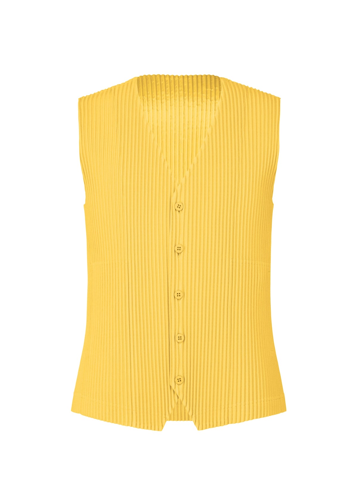 The TAILORED PLEATS 2 vest by HOMME PLISSÉ ISSEY MIYAKE is a sleeveless, bright yellow, quick-drying polyester piece with vertical ribbing, a V-neck, and flared hem, shown against a white background. view 3 of 7