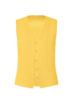 The TAILORED PLEATS 2 vest by HOMME PLISSÉ ISSEY MIYAKE is a sleeveless, bright yellow, quick-drying polyester piece with vertical ribbing, a V-neck, and flared hem, shown against a white background. - AGAVE YELLOW （no.54）