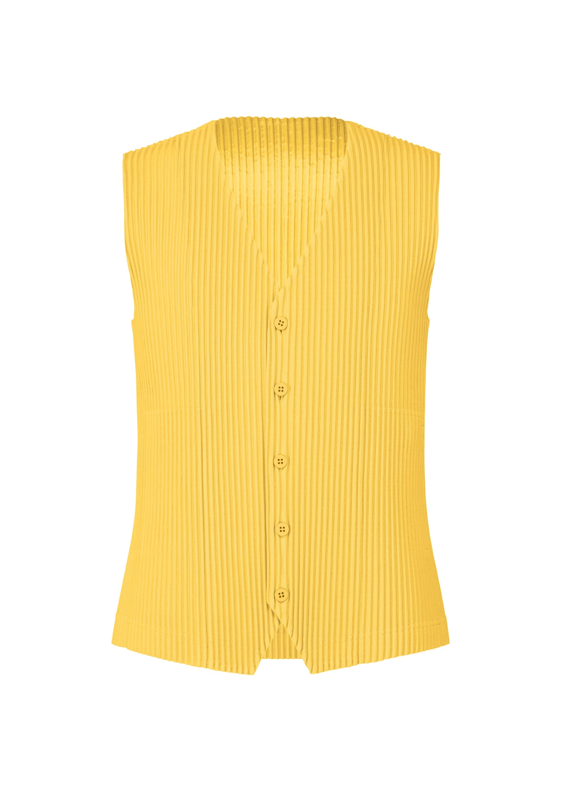 Zoomed view The TAILORED PLEATS 2 vest by HOMME PLISSÉ ISSEY MIYAKE is a sleeveless, bright yellow, quick-drying polyester piece with vertical ribbing, a V-neck, and flared hem, shown against a white background. - AGAVE YELLOW （no.54）