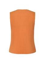 The TAILORED PLEATS 2 vest by HOMME PLISSÉ ISSEY MIYAKE is shown from the back against a white background, featuring a sleeveless, ribbed orange design with vertical pleats and a gently curved neckline.
