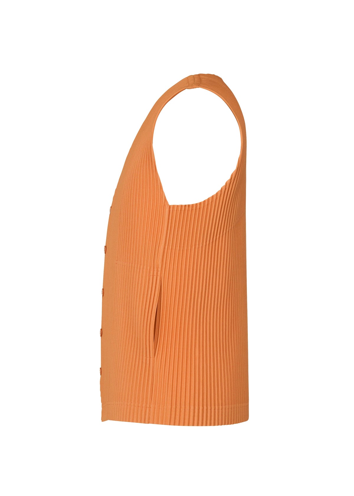 Side view of the HOMME PLISSÉ ISSEY MIYAKE TAILORED PLEATS 2 vest in orange, sleeveless and ribbed, made from quick-drying polyester with front buttons and a side pocket, shown on a white background. view 5 of 7