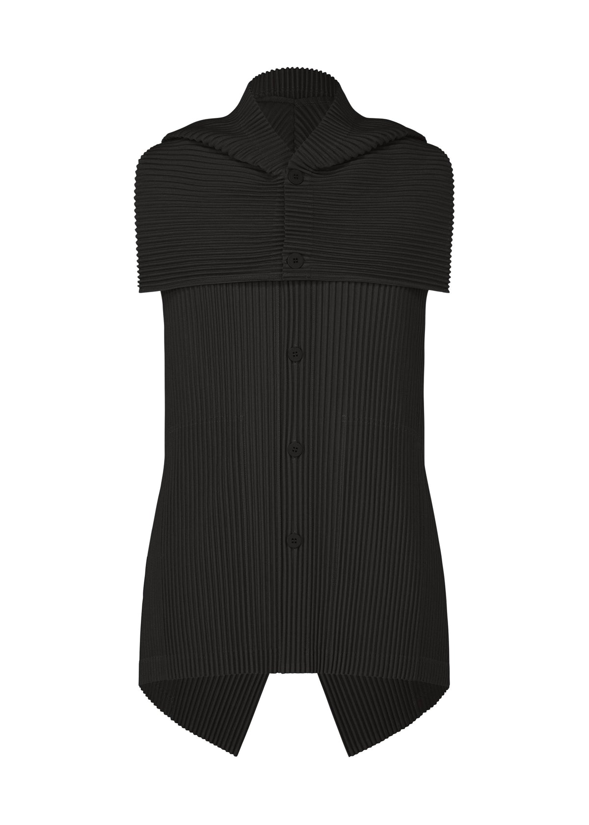 The TAILORED PLEATS 3 by HOMME PLISSÉ ISSEY MIYAKE is a black, sleeveless, collared shirt with vertical pleats, an asymmetrical hem, and a unique double-layered shoulder—ideal for modern layered style lovers. view 1 of 7