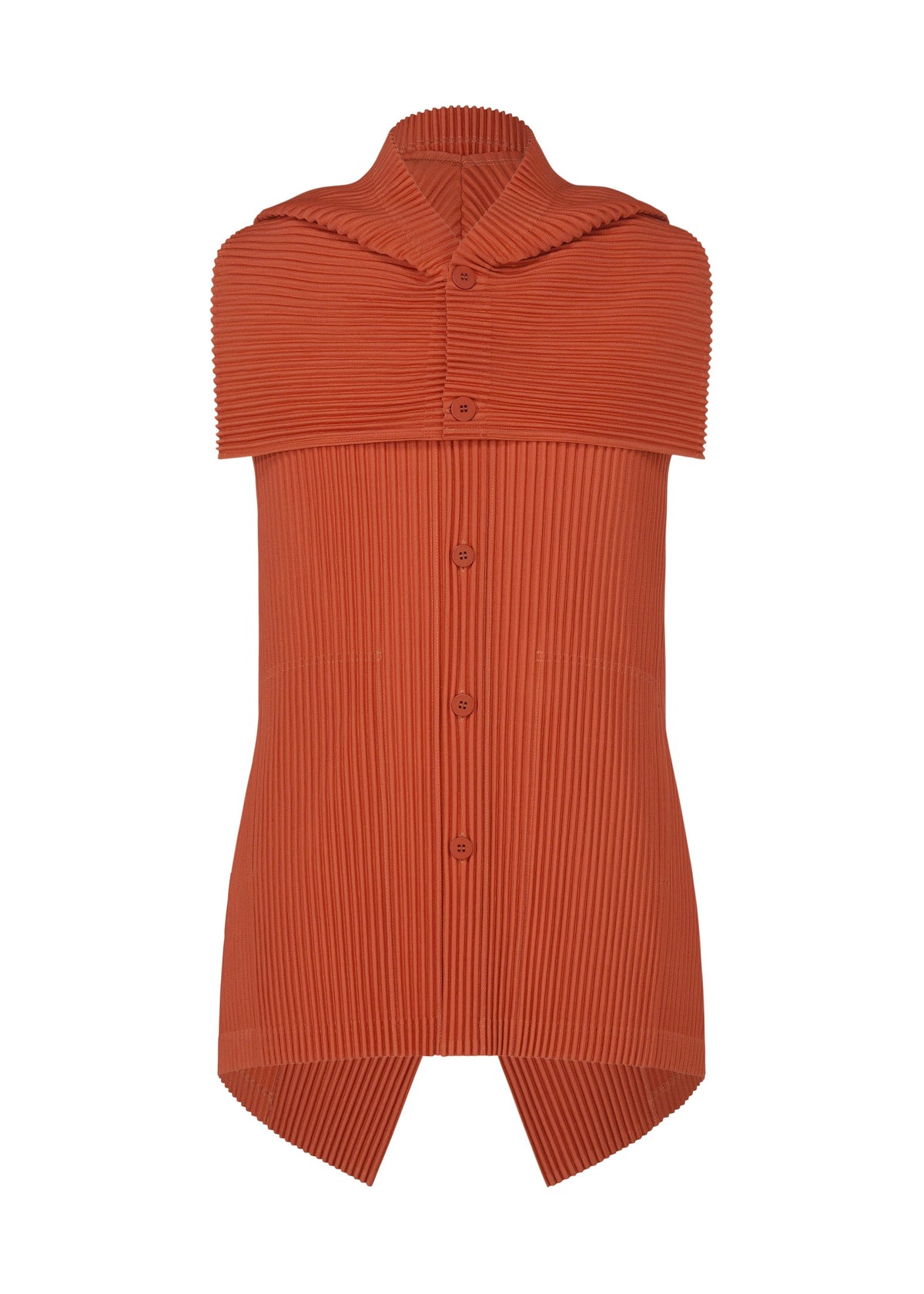 The TAILORED PLEATS 3 by HOMME PLISSÉ ISSEY MIYAKE is a sleeveless, rust pleated shirt featuring a pointed collar, button-down front, cape-like shoulder overlay, and an angular hem that's longer at the sides—perfect for layered looks. view 2 of 7
