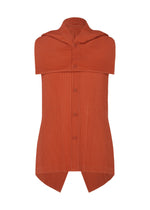 The TAILORED PLEATS 3 by HOMME PLISSÉ ISSEY MIYAKE is a sleeveless, rust pleated shirt featuring a pointed collar, button-down front, cape-like shoulder overlay, and an angular hem that's longer at the sides—perfect for layered looks. - JAMBON PINK （no.23）