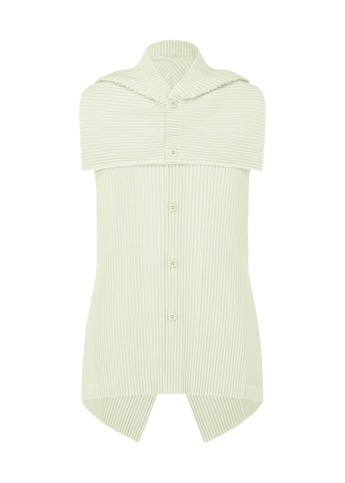 The TAILORED PLEATS 3 by HOMME PLISSÉ ISSEY MIYAKE is a sleeveless light green ribbed button-up shirt with a pointed collar, cape-like shoulder detail, and asymmetrical hem for a modern layered look. view 3 of 7