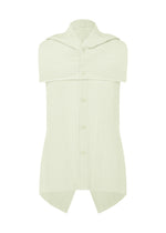 The TAILORED PLEATS 3 by HOMME PLISSÉ ISSEY MIYAKE is a sleeveless light green ribbed button-up shirt with a pointed collar, cape-like shoulder detail, and asymmetrical hem for a modern layered look. - DUOMO GREEN （no.60）