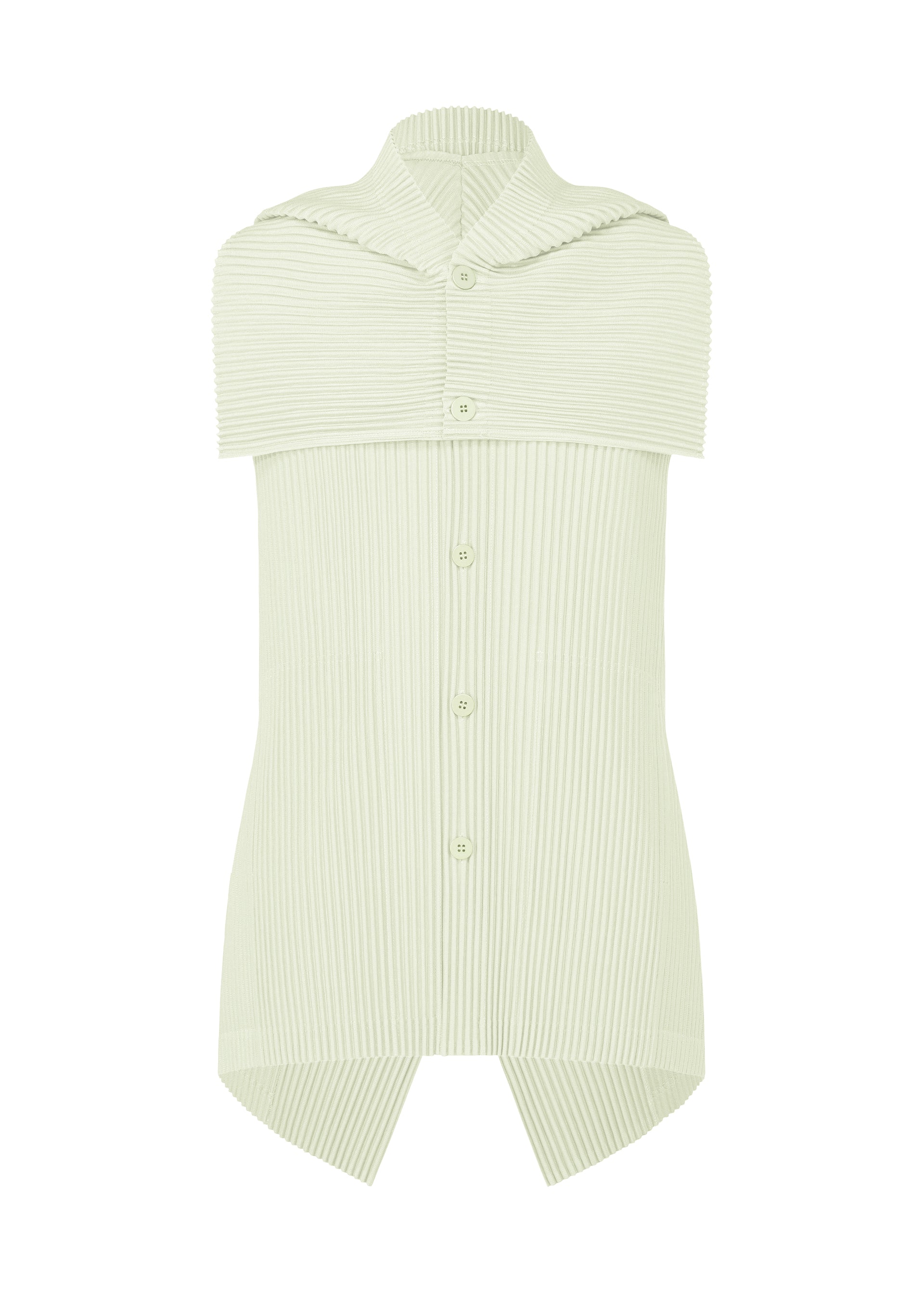 Zoomed view The TAILORED PLEATS 3 by HOMME PLISSÉ ISSEY MIYAKE is a sleeveless light green ribbed button-up shirt with a pointed collar, cape-like shoulder detail, and asymmetrical hem for a modern layered look. - DUOMO GREEN （no.60）