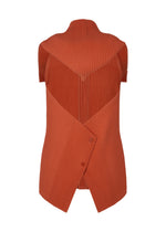 The TAILORED PLEATS 3 by HOMME PLISSÉ ISSEY MIYAKE is a rust-orange, sleeveless top with a high neckline and diagonal pleats, showcasing architectural design and quick-drying fabric—perfect for modern, layered styling.