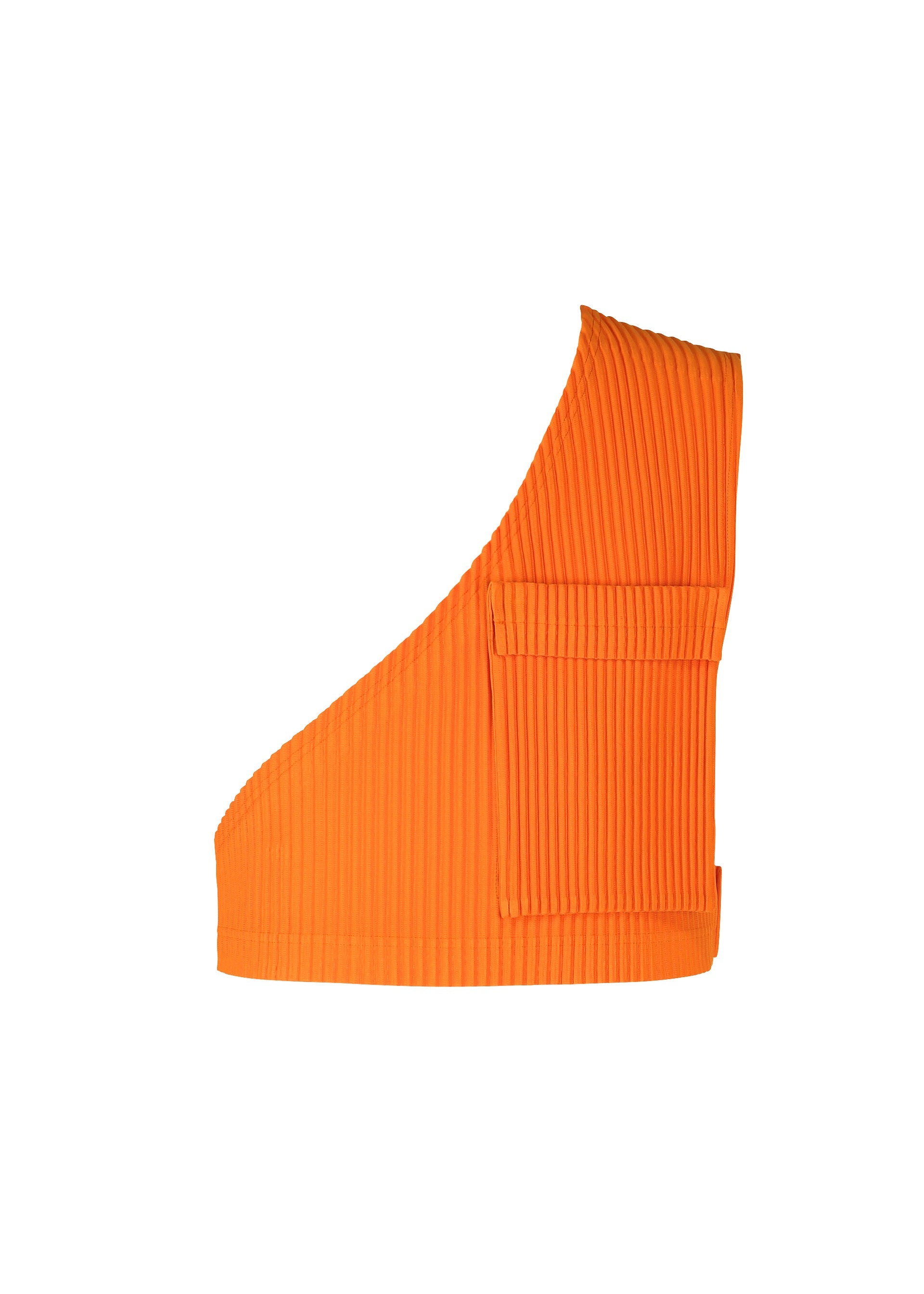 Zoomed view The PAINTER’S GEAR by HOMME PLISSÉ ISSEY MIYAKE is a bright orange, ribbed one-shoulder crop vest with a large square front pocket and textured fabric, featuring a modern asymmetrical design for versatile utility style. - FLORENCE ORANGE （no.35）