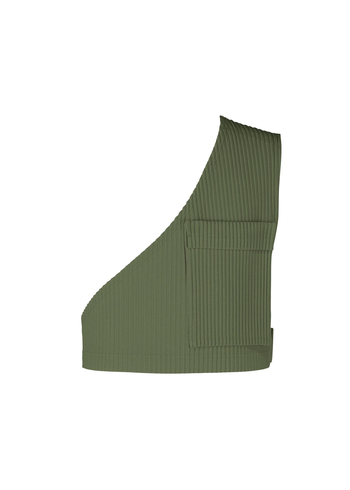 The PAINTER’S GEAR vest by HOMME PLISSÉ ISSEY MIYAKE features olive green, vertically ribbed fabric, a one-shoulder design with a wide right strap, and a small front pocket. Shown on a plain white background. view 3 of 12