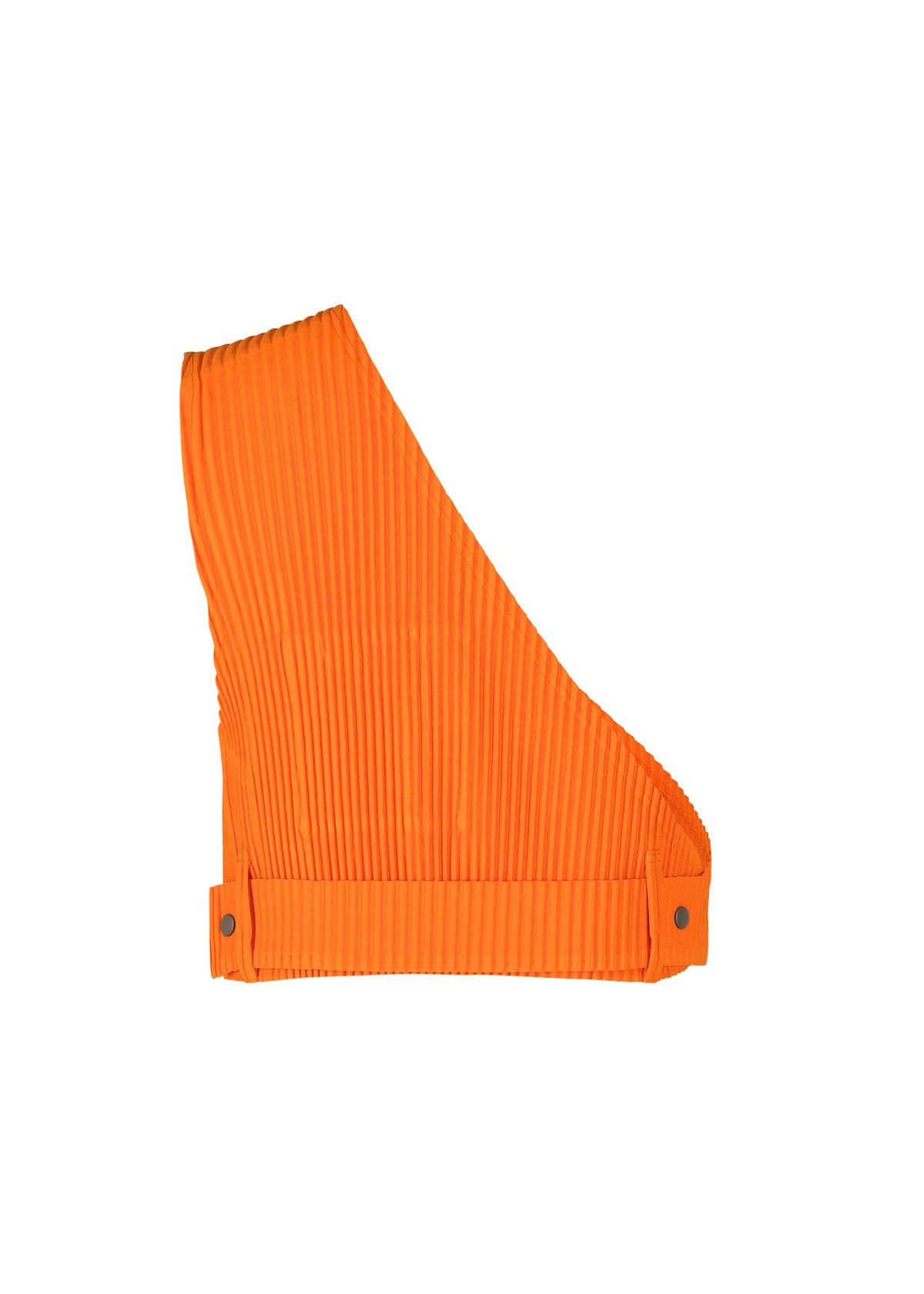 The PAINTER’S GEAR vest by HOMME PLISSÉ ISSEY MIYAKE is an orange, pleated, asymmetrical one-shoulder design with a diagonal cut and two metal snap buttons at the bottom, shown against a white background. view 4 of 12
