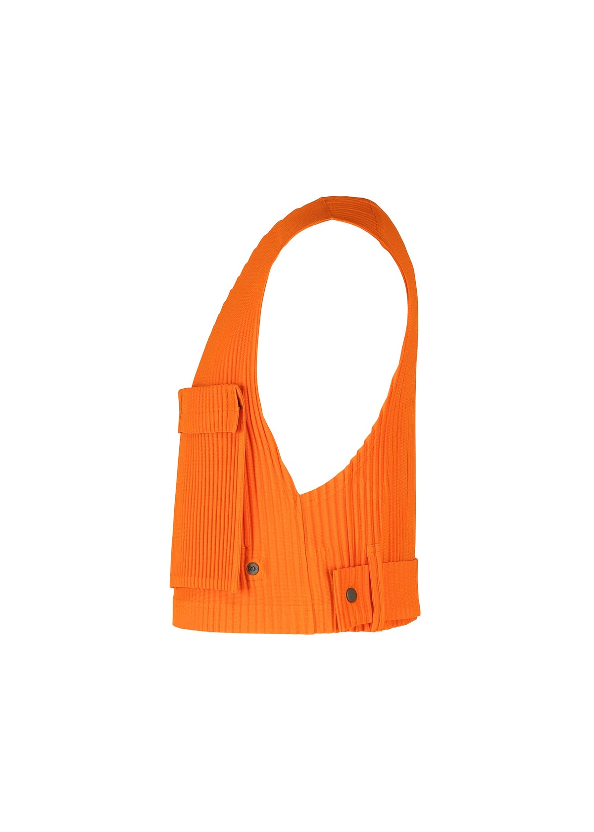 The PAINTER’S GEAR vest by HOMME PLISSÉ ISSEY MIYAKE is a bright orange, sleeveless utility piece with a ribbed texture, wide shoulder strap, left flap pocket, and front snap buttons, shown against a plain white background. view 5 of 12