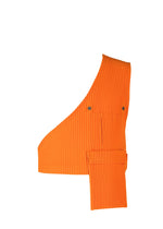 PAINTER’S GEAR by HOMME PLISSÉ ISSEY MIYAKE: a bright orange, ribbed, asymmetrical one-shoulder vest crop top with snap buttons, front pocket, and a lower right rectangular accent blending bold style with utility details.