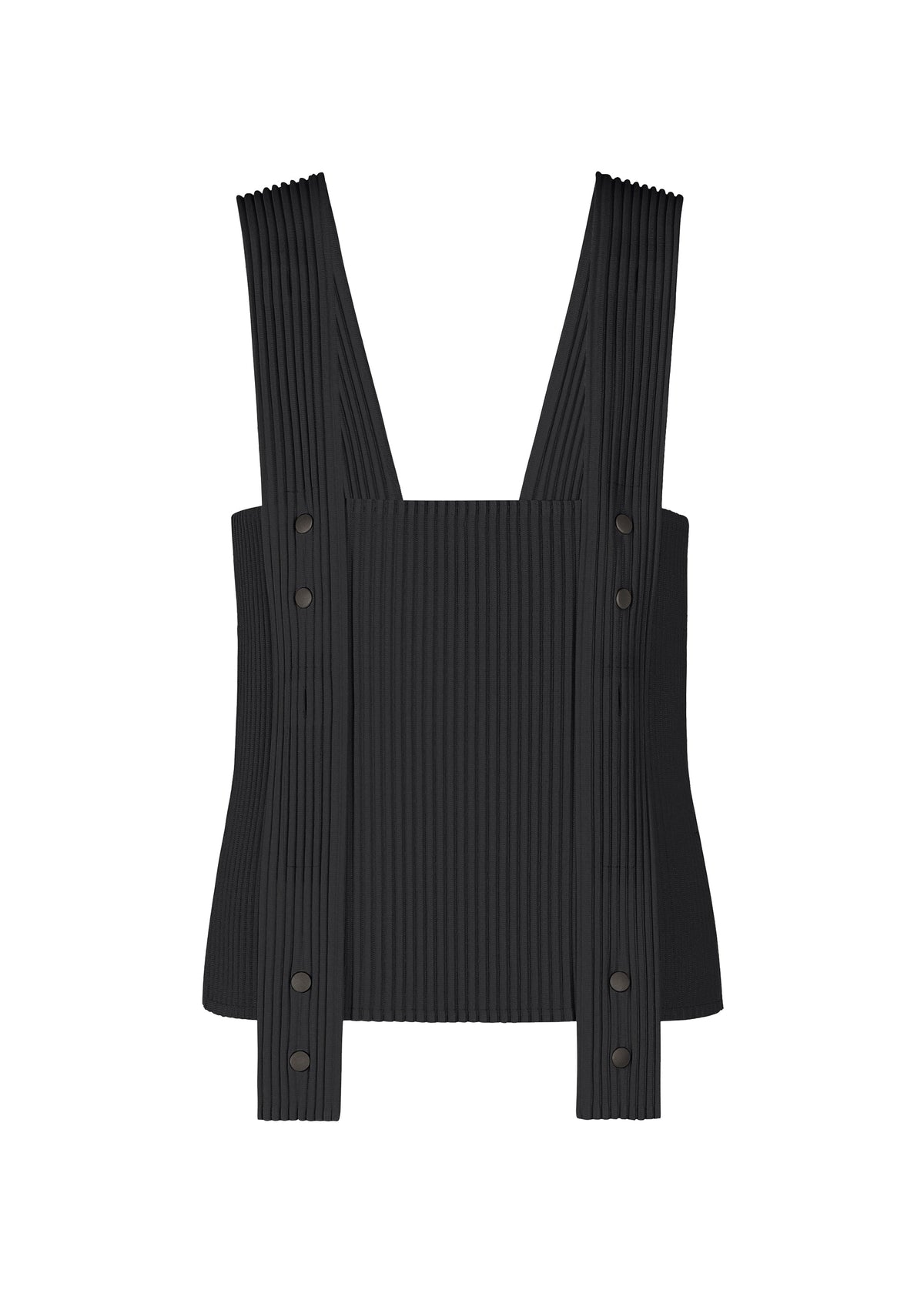 The PAINTER’S GEAR vest by HOMME PLISSÉ ISSEY MIYAKE is a black, sleeveless utility piece with wide, ribbed straps and front panel, six round buttons on the straps, and a structured silhouette blending modern style with classic utility. view 1 of 8