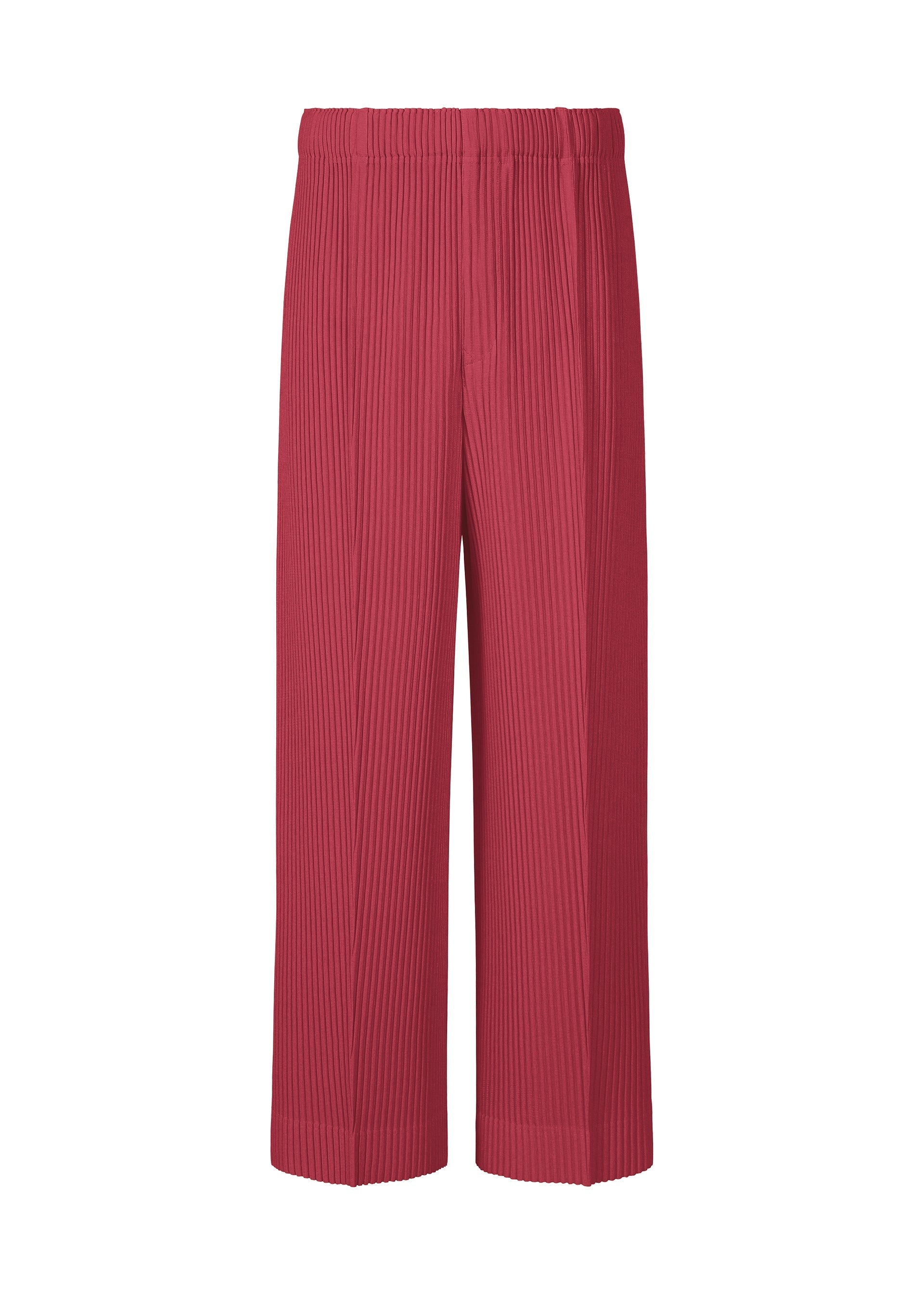 Zoomed view The MONTHLY COLORS : JANUARY pants by HOMME PLISSÉ ISSEY MIYAKE are muted red, wide-leg polyester straight pants with vertical pleats and an elastic waistband, shown on a white background. - LIGURIA GRAPE RED （no.26）