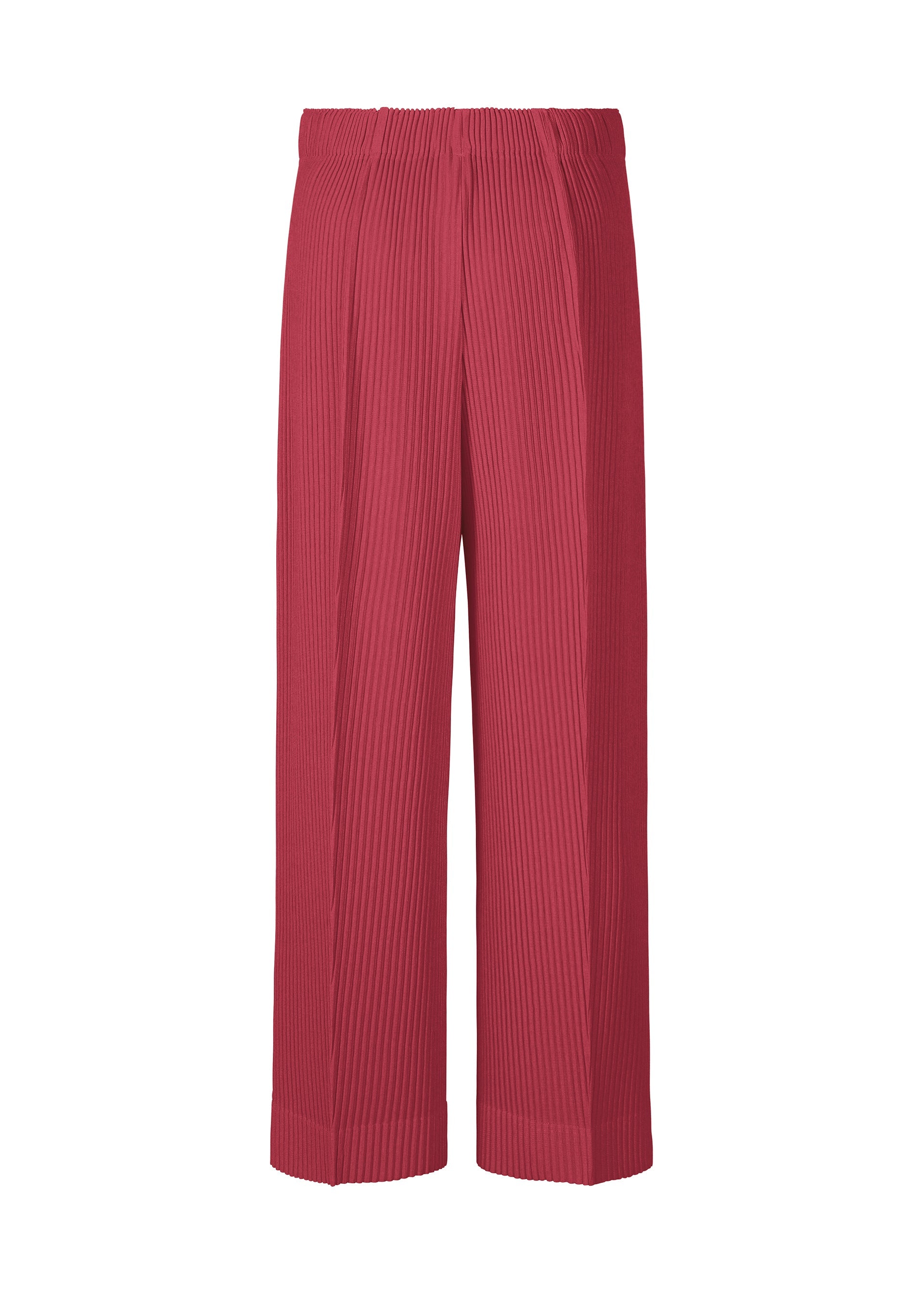 Zoomed view The HOMME PLISSÉ ISSEY MIYAKE MONTHLY COLORS : JANUARY features red pleated wide-leg pants with an elastic waistband and vertical stripes in lightweight, quick-drying polyester, shown on a white background.