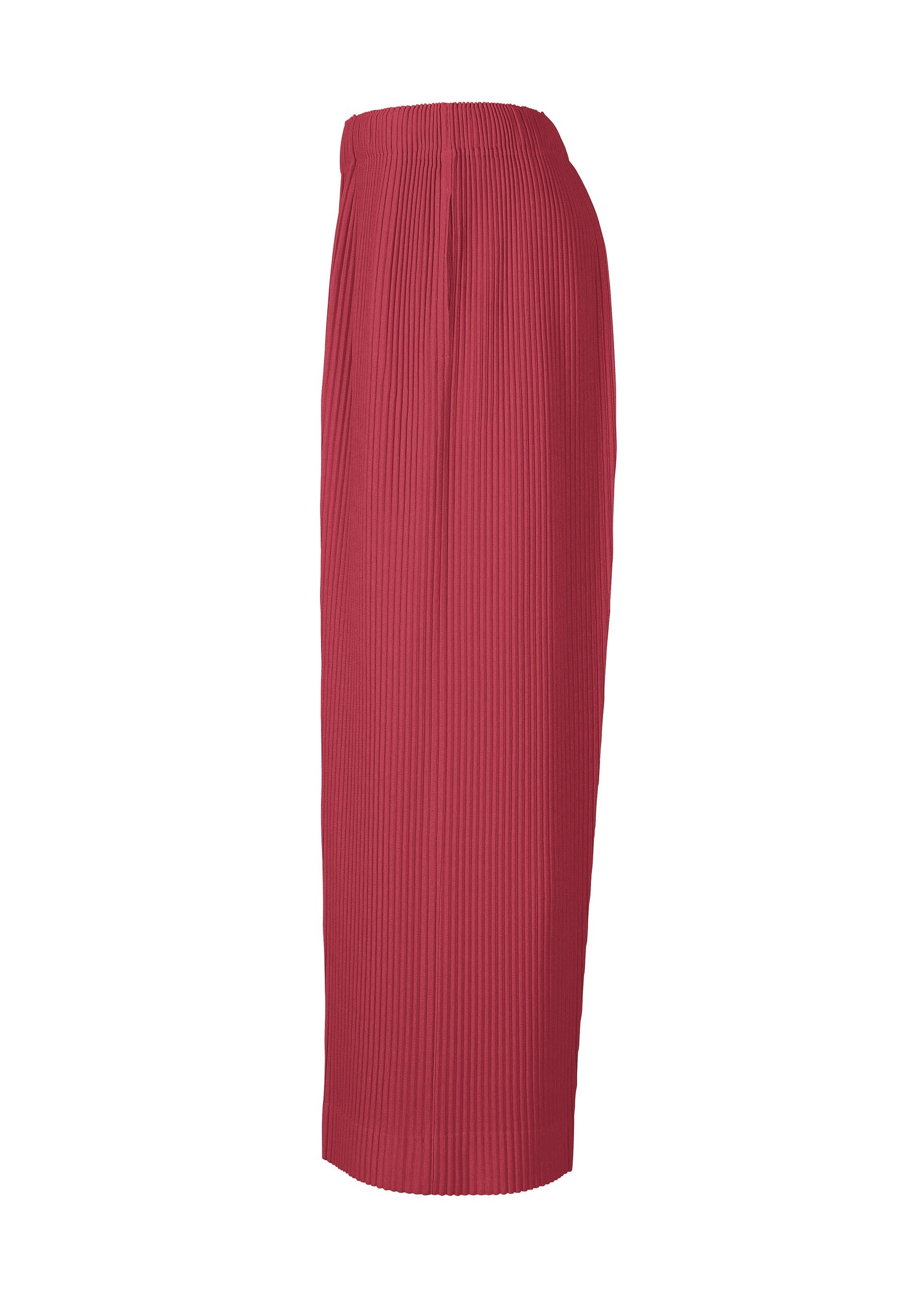 Zoomed view Side view of the MONTHLY COLORS : JANUARY, a long, high-waisted red pleated skirt by HOMME PLISSÉ ISSEY MIYAKE, featuring an elastic waistband and lightweight polyester, set against a plain white background.