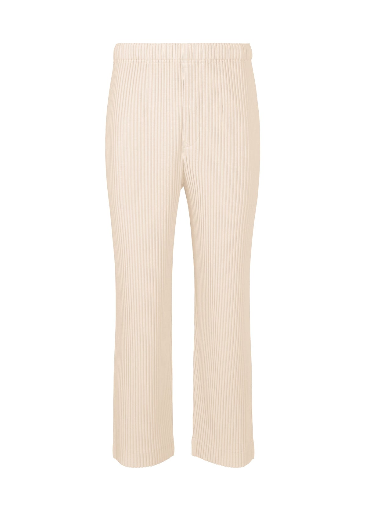 The HOMME PLISSÉ ISSEY MIYAKE "MONTHLY COLORS : MARCH" beige high-waisted straight pants feature subtle vertical pinstripes, an elastic waistband, and quick-drying polyester, shown on a plain white background. view 3 of 7