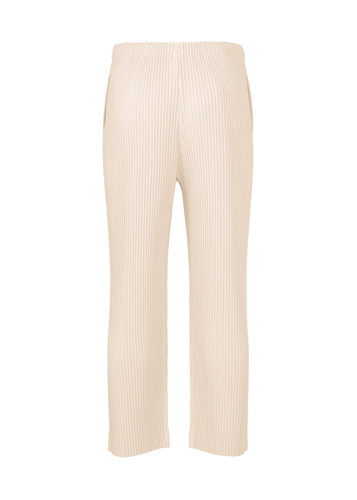 The MONTHLY COLORS : MARCH pants by HOMME PLISSÉ ISSEY MIYAKE are beige, high-waisted, ribbed knit straight pants with an elastic waistband, made from quick-drying polyester, shown on a plain white background. view 4 of 7