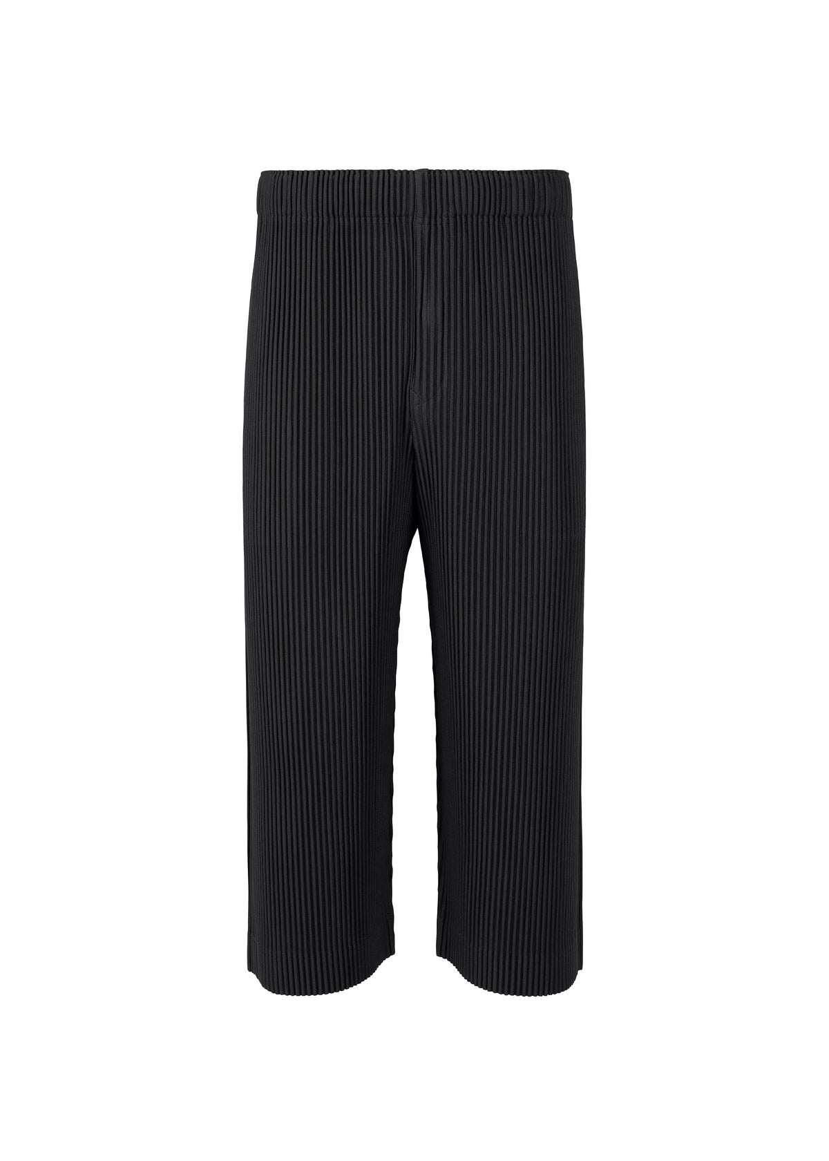 The MONTHLY COLORS : MAY pants by HOMME PLISSÉ ISSEY MIYAKE feature black, knee-length, quick-drying polyester with pleated ribbed texture and an elastic waistband, shown on a white background. view 1 of 8