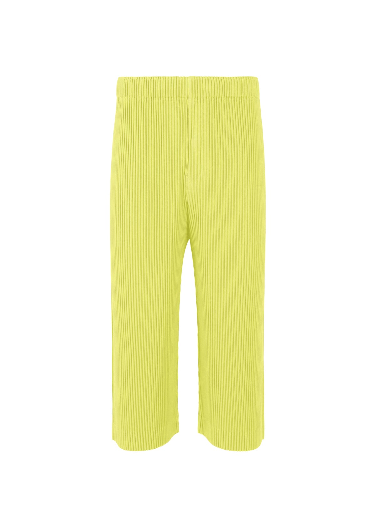 The MONTHLY COLORS : MAY pants by HOMME PLISSÉ ISSEY MIYAKE feature a bright yellow ribbed knit, elastic waistband, and wide-leg cropped silhouette, shown against a plain white background. view 2 of 8