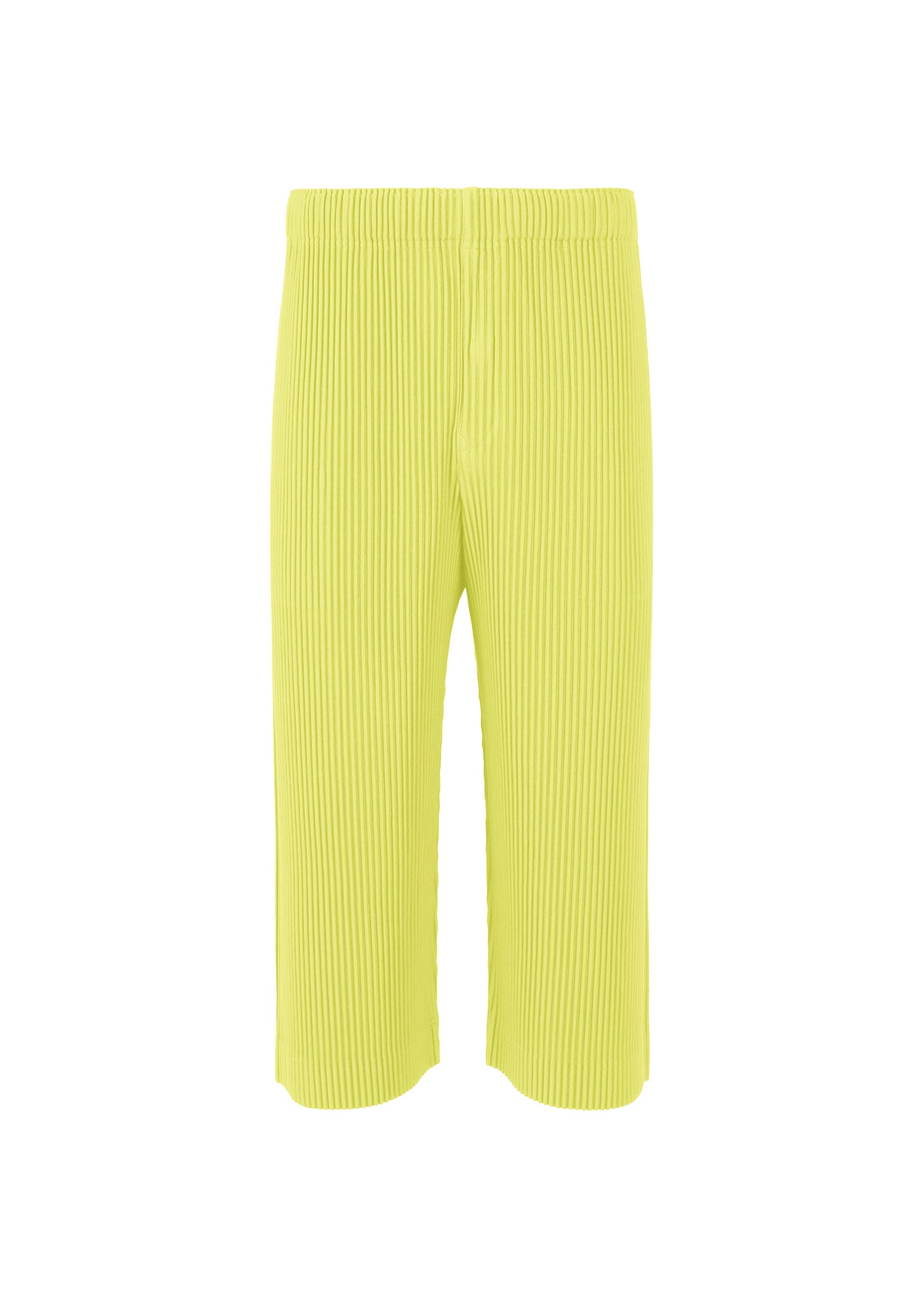 Zoomed view The MONTHLY COLORS : MAY pants by HOMME PLISSÉ ISSEY MIYAKE feature a bright yellow ribbed knit, elastic waistband, and wide-leg cropped silhouette, shown against a plain white background. - ZUCCHINI YELLOW （no.53）