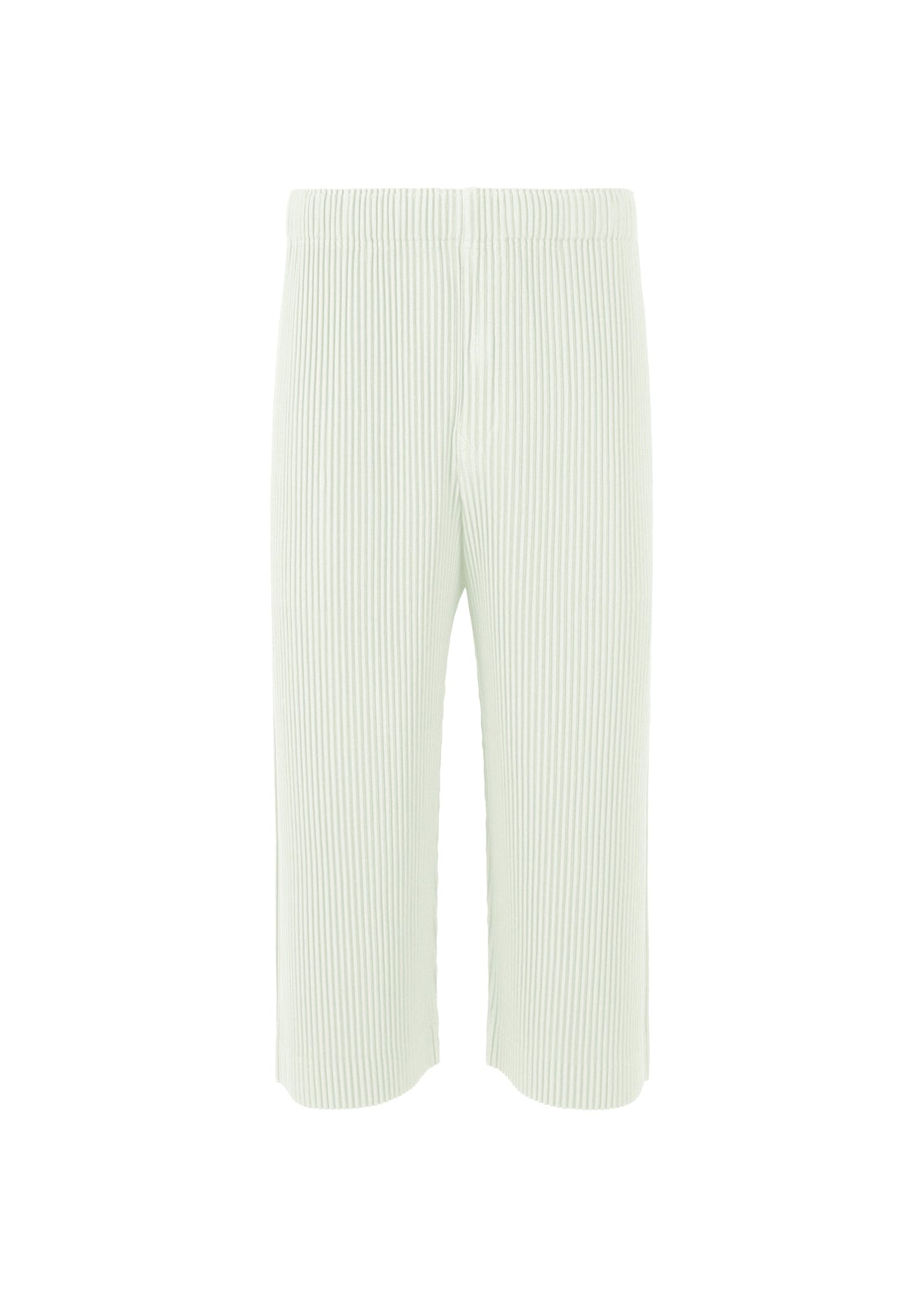 The MONTHLY COLORS : MAY pants by HOMME PLISSÉ ISSEY MIYAKE are light green, ribbed knit polyester with an elastic waistband and a chic mid-calf cropped length, shown on a plain white background. view 3 of 8