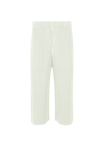The MONTHLY COLORS : MAY pants by HOMME PLISSÉ ISSEY MIYAKE are light green, ribbed knit polyester with an elastic waistband and a chic mid-calf cropped length, shown on a plain white background. - DUOMO GREEN （no.60）