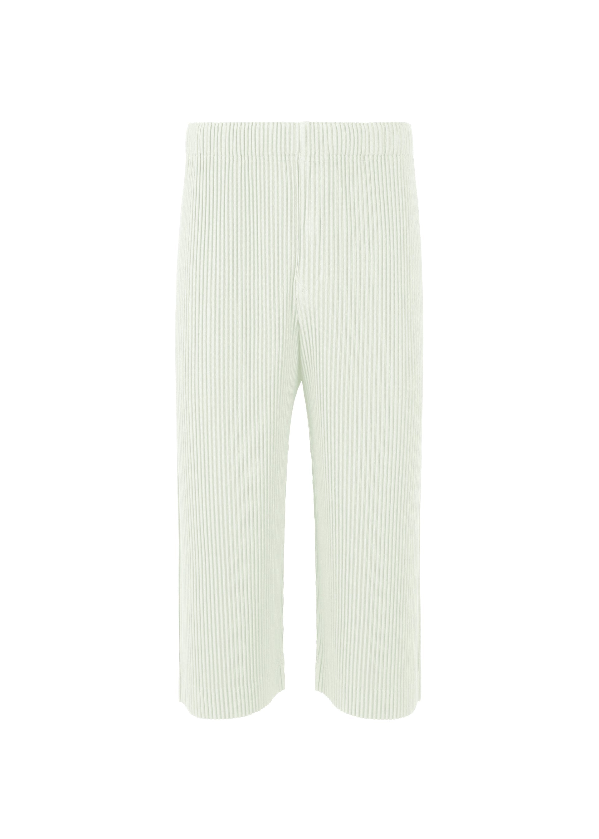 Zoomed view The MONTHLY COLORS : MAY pants by HOMME PLISSÉ ISSEY MIYAKE are light green, ribbed knit polyester with an elastic waistband and a chic mid-calf cropped length, shown on a plain white background. - DUOMO GREEN （no.60）