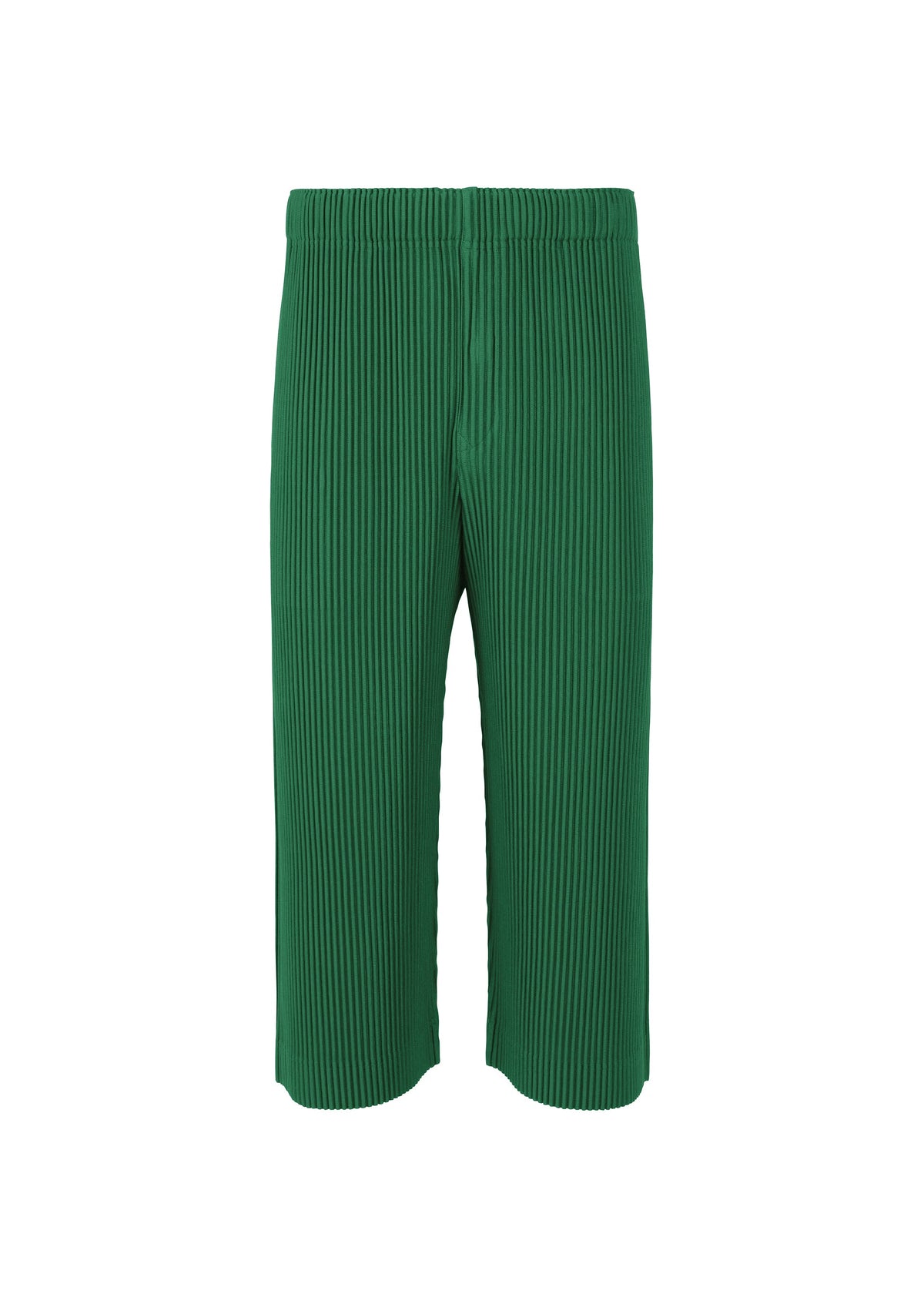 The MONTHLY COLORS : MAY pants by HOMME PLISSÉ ISSEY MIYAKE are green ribbed-knit polyester with an elastic waistband, relaxed fit, and mid-calf length, shown on a plain white background. Quick-drying for comfortable, stylish everyday wear. view 4 of 8