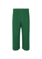 The MONTHLY COLORS : MAY pants by HOMME PLISSÉ ISSEY MIYAKE are green ribbed-knit polyester with an elastic waistband, relaxed fit, and mid-calf length, shown on a plain white background. Quick-drying for comfortable, stylish everyday wear. - PF FENCE GREEN （no.67）