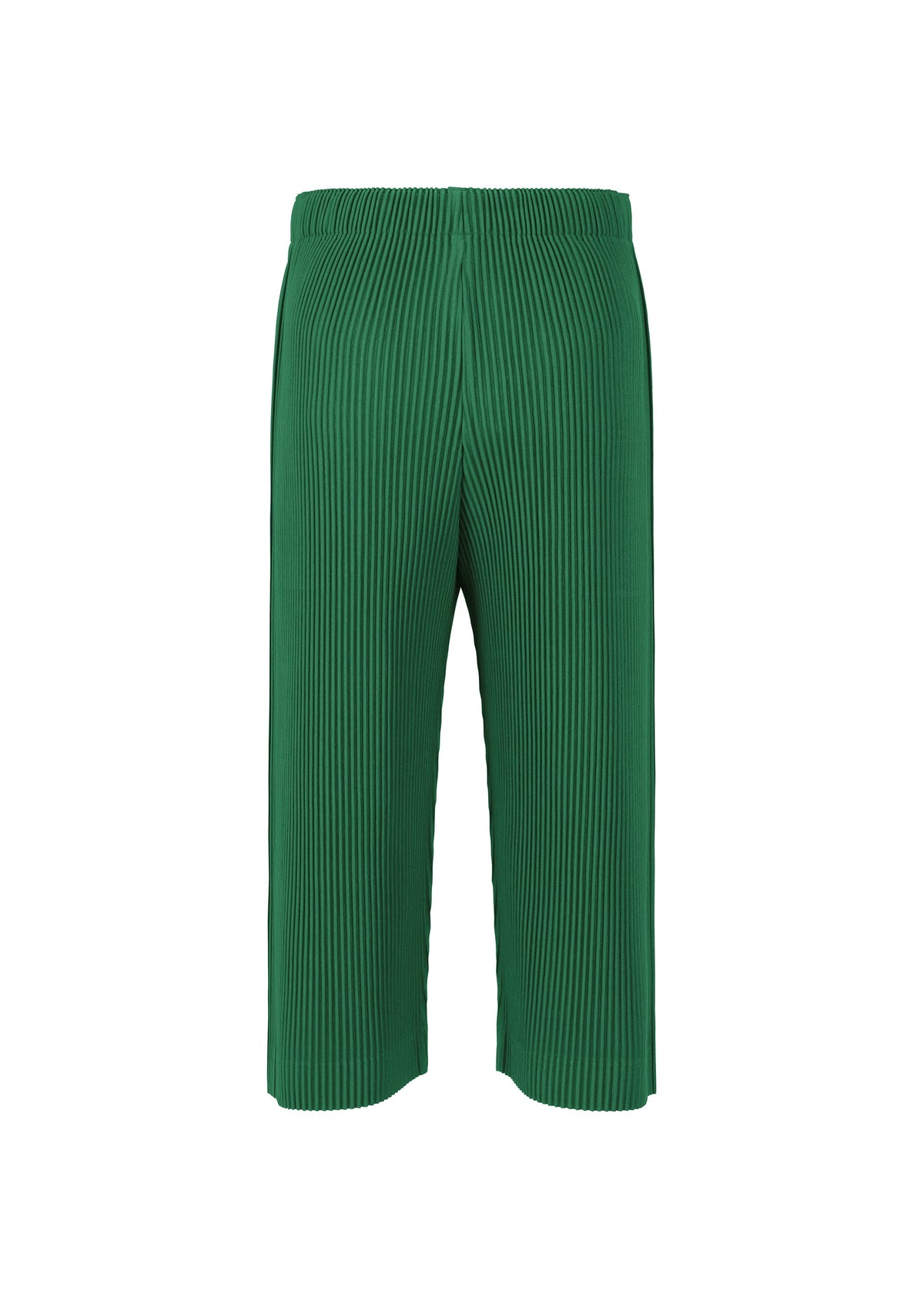 MONTHLY COLORS : MAY by HOMME PLISSÉ ISSEY MIYAKE: Green pleated wide-leg polyester pants with an elastic waistband and vertical ribbing for a textured, quick-drying look, shown on a white background. view 5 of 8